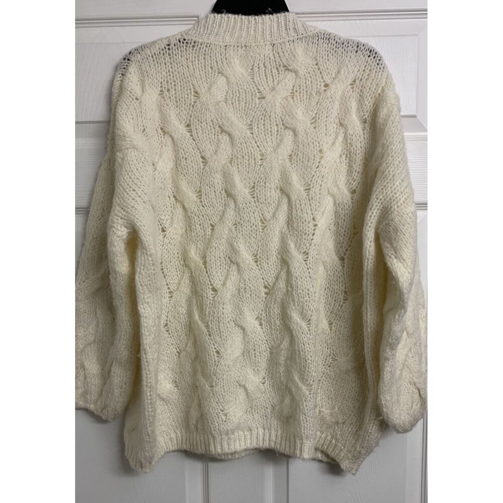 Aaron & Amber L Knit Cream Cable Knit Puff Sleeve Sweater Lightweight‎ Cozy - Picture 3 of 8